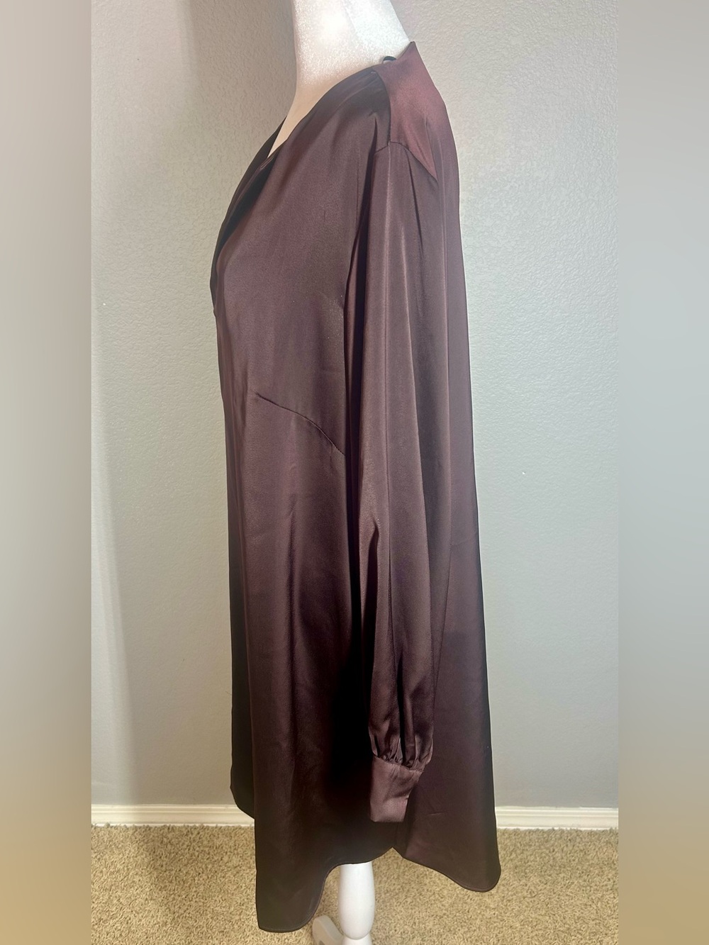 H&M Dark Chocolate Brown Satin Like Oversized Shirt Tunic Dress Blouson Sleeve L - Picture 4 of 13